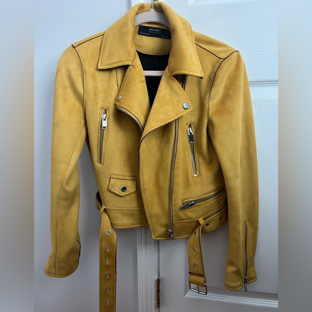 Zara faux suede moto jacket in mustard yellow. Size M.